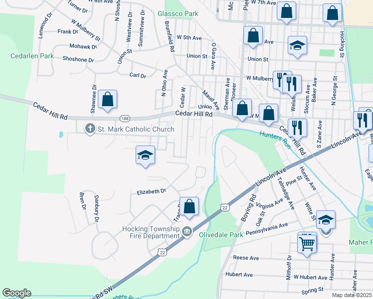 map of restaurants, bars, coffee shops, grocery stores, and more near Cedar Avenue in Lancaster