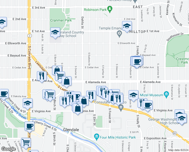 map of restaurants, bars, coffee shops, grocery stores, and more near 265 South Elm Street in Denver