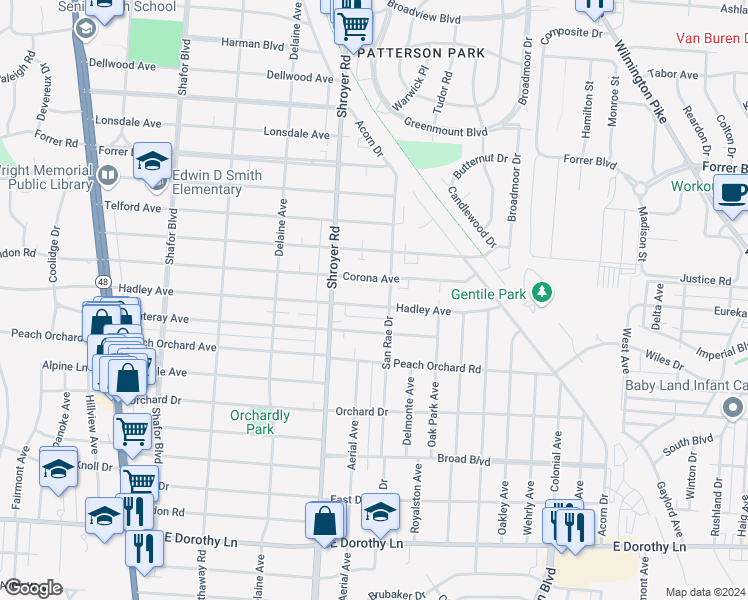 map of restaurants, bars, coffee shops, grocery stores, and more near 547 Hadley Avenue in Dayton