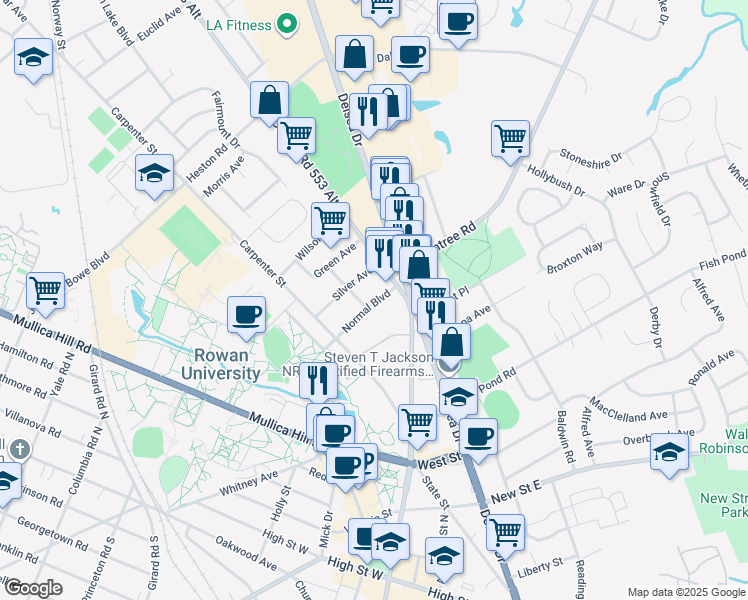 map of restaurants, bars, coffee shops, grocery stores, and more near 405 North Main Street in Glassboro