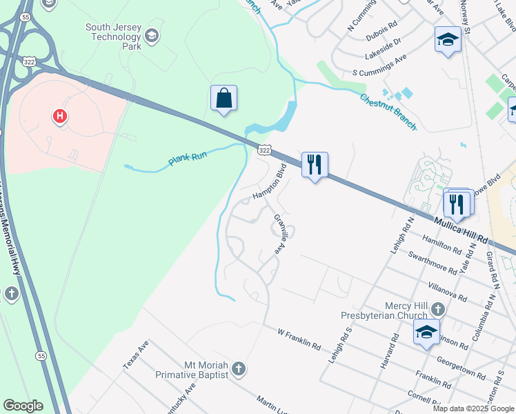map of restaurants, bars, coffee shops, grocery stores, and more near 16 Hampton Boulevard in Glassboro