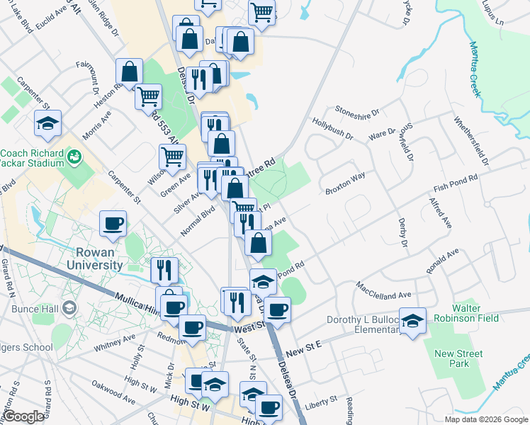 map of restaurants, bars, coffee shops, grocery stores, and more near 111 Market Place in Glassboro