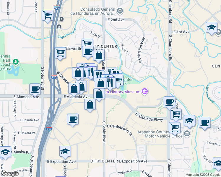 map of restaurants, bars, coffee shops, grocery stores, and more near 14531 East Alameda Avenue in Aurora