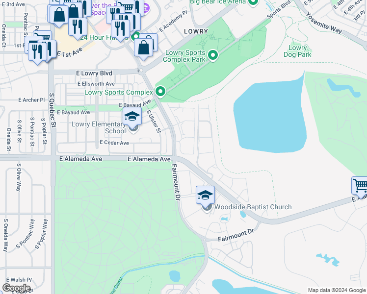 map of restaurants, bars, coffee shops, grocery stores, and more near 8155 Fairmount Drive in Denver