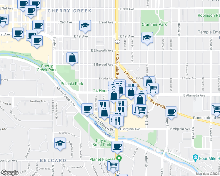 map of restaurants, bars, coffee shops, grocery stores, and more near 225 South Harrison Street in Denver