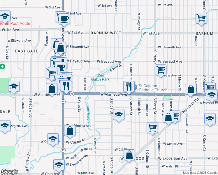map of restaurants, bars, coffee shops, grocery stores, and more near 4640 West Cedar Avenue in Denver