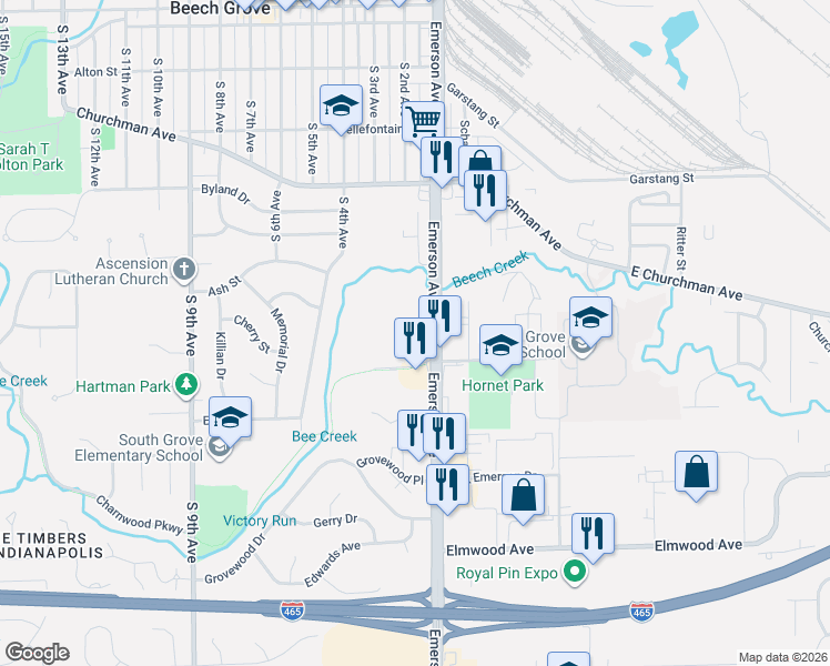 map of restaurants, bars, coffee shops, grocery stores, and more near 3720 South Emerson Avenue in Indianapolis
