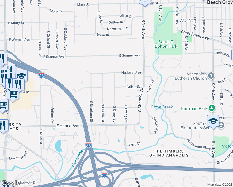 map of restaurants, bars, coffee shops, grocery stores, and more near 3806 South Olney Street in Indianapolis