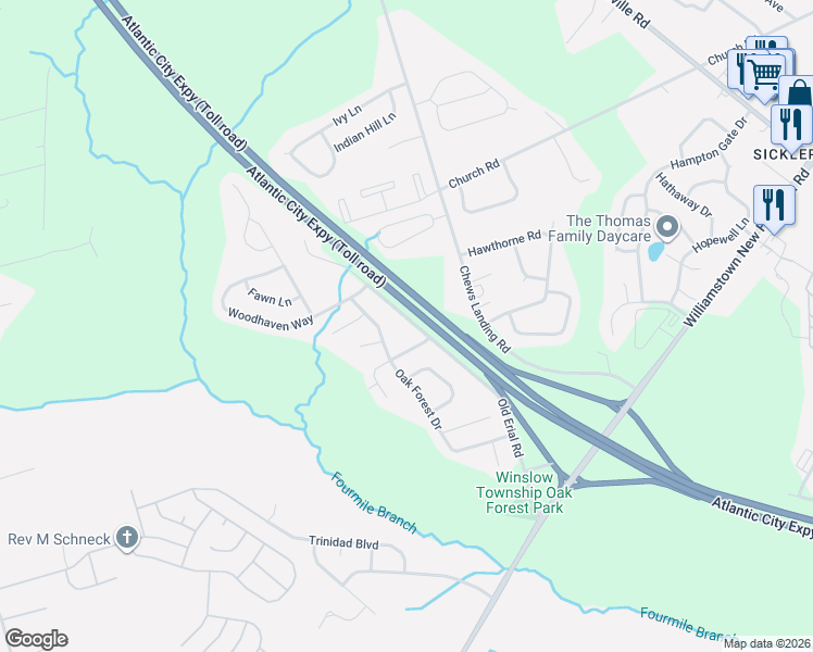 map of restaurants, bars, coffee shops, grocery stores, and more near 465 Old Erial Road in Sicklerville