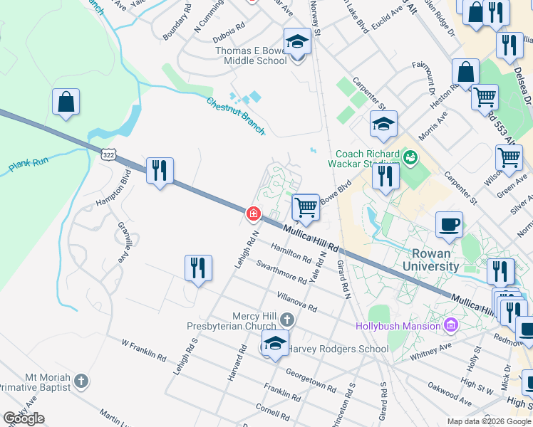 map of restaurants, bars, coffee shops, grocery stores, and more near 515 Mullica Hill Road in Glassboro