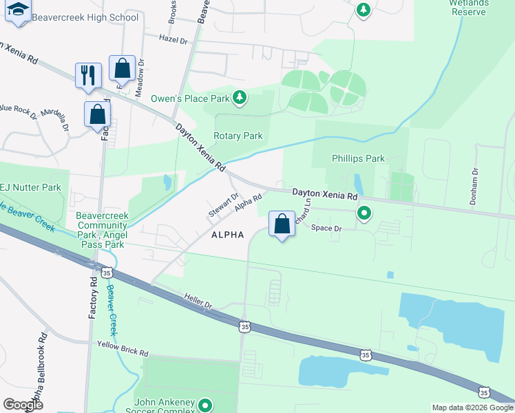 map of restaurants, bars, coffee shops, grocery stores, and more near 880 Alpha Road in Greene County