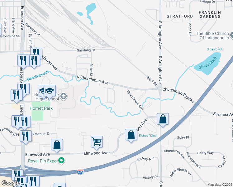 map of restaurants, bars, coffee shops, grocery stores, and more near 3815 Churchman Woods Boulevard in Indianapolis