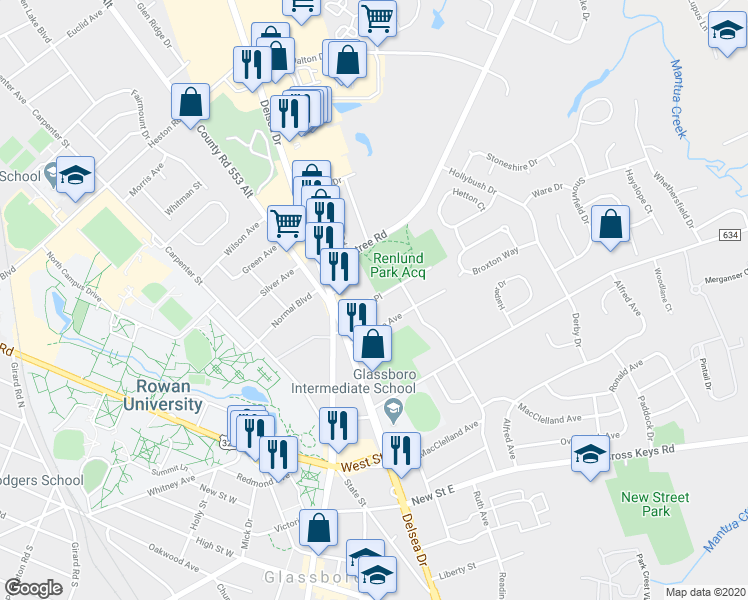 map of restaurants, bars, coffee shops, grocery stores, and more near 101 Market Place in Glassboro