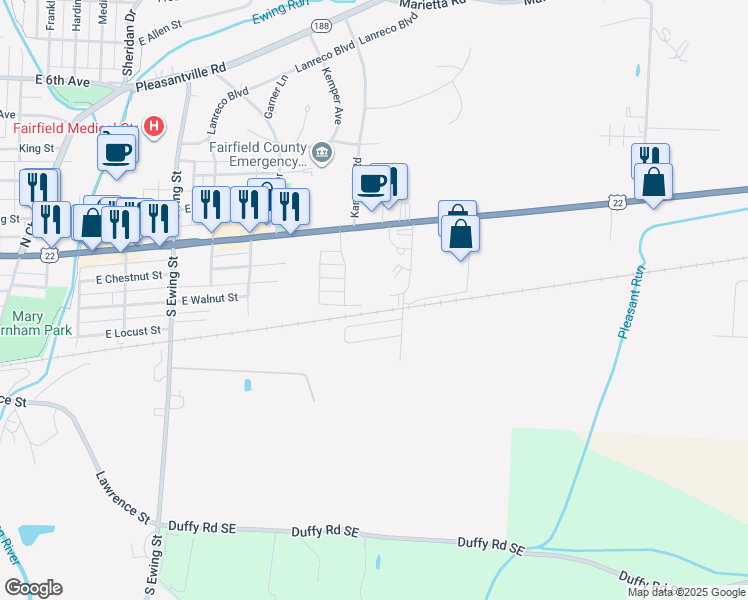 map of restaurants, bars, coffee shops, grocery stores, and more near 1572 East Main Street in Lancaster
