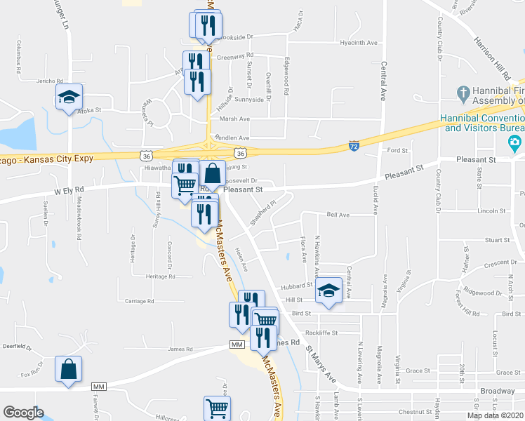 map of restaurants, bars, coffee shops, grocery stores, and more near 100 Shepherd Drive in Hannibal
