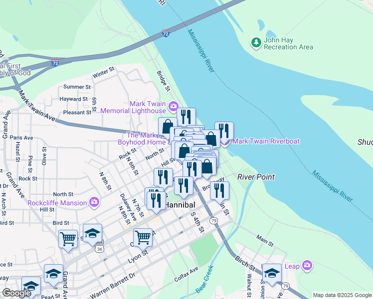 map of restaurants, bars, coffee shops, grocery stores, and more near 206 Hill Street in Hannibal