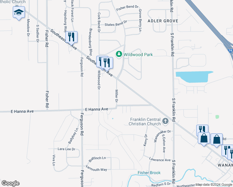 map of restaurants, bars, coffee shops, grocery stores, and more near Miller Drive in Indianapolis