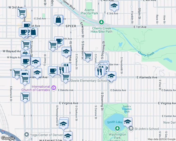 map of restaurants, bars, coffee shops, grocery stores, and more near 245 South Ogden Street in Denver