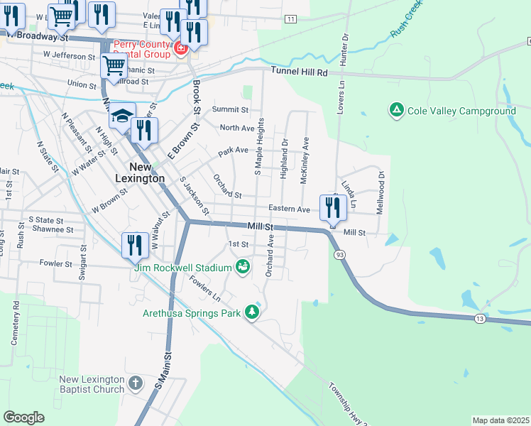 map of restaurants, bars, coffee shops, grocery stores, and more near 403 Eastern Avenue in New Lexington