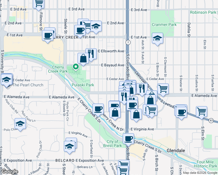 map of restaurants, bars, coffee shops, grocery stores, and more near 250 South Garfield Street in Denver