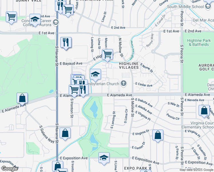 map of restaurants, bars, coffee shops, grocery stores, and more near 11117 East Alameda Avenue in Aurora