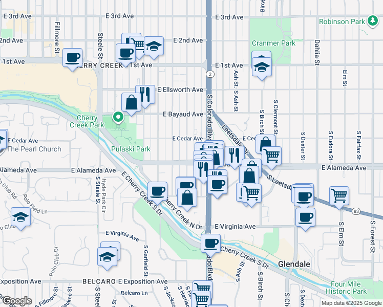 map of restaurants, bars, coffee shops, grocery stores, and more near 225 South Harrison Street in Denver