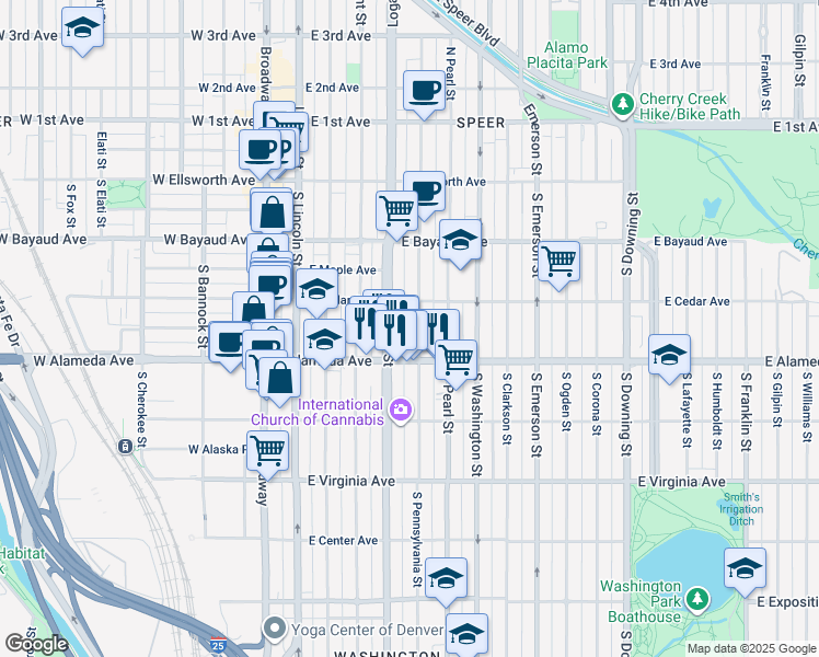 map of restaurants, bars, coffee shops, grocery stores, and more near 219 South Pennsylvania Street in Denver