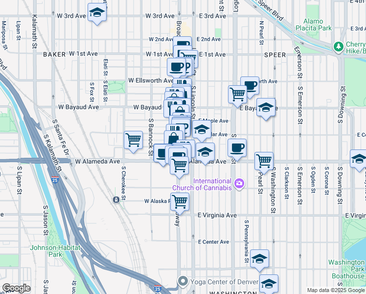 map of restaurants, bars, coffee shops, grocery stores, and more near 223 South Lincoln Street in Denver
