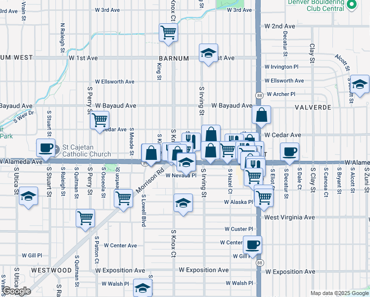 map of restaurants, bars, coffee shops, grocery stores, and more near 235 South Julian Street in Denver