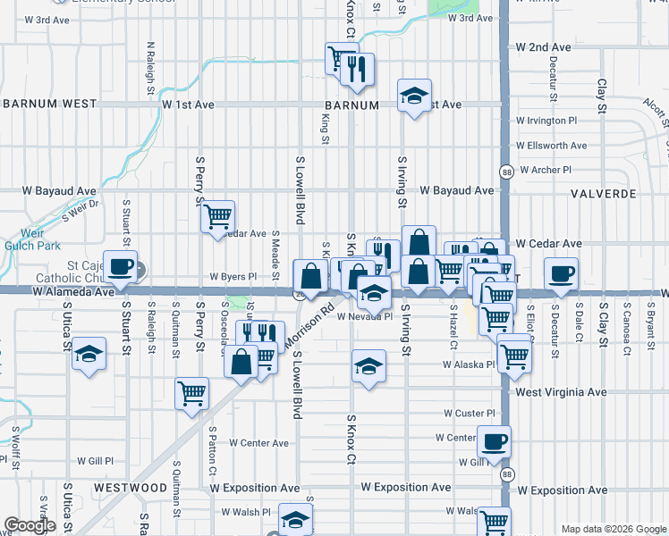map of restaurants, bars, coffee shops, grocery stores, and more near 233 South Knox Court in Denver