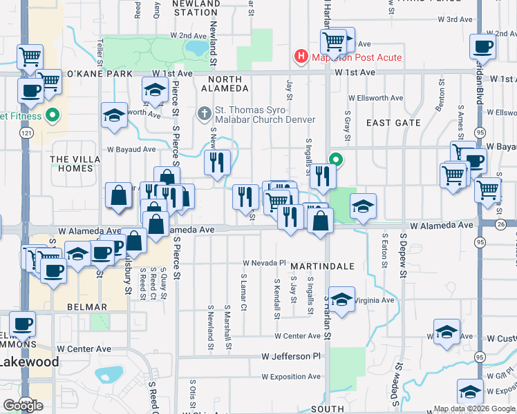map of restaurants, bars, coffee shops, grocery stores, and more near 235 South Lamar Street in Lakewood