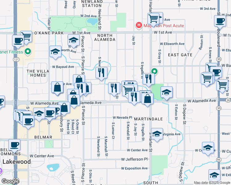 map of restaurants, bars, coffee shops, grocery stores, and more near 235 South Lamar Street in Lakewood