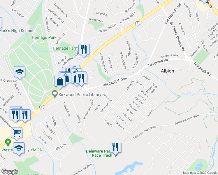 map of restaurants, bars, coffee shops, grocery stores, and more near 5580 Old Capitol Trail in Wilmington
