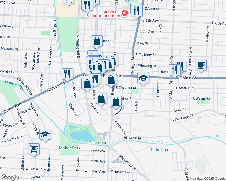 map of restaurants, bars, coffee shops, grocery stores, and more near 137 South Broad Street in Lancaster