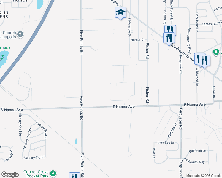 map of restaurants, bars, coffee shops, grocery stores, and more near 7320 East Hanna Avenue in Indianapolis