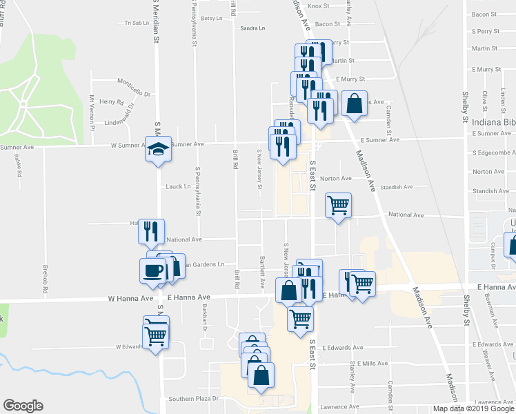 map of restaurants, bars, coffee shops, grocery stores, and more near 3674 South New Jersey Street in Indianapolis