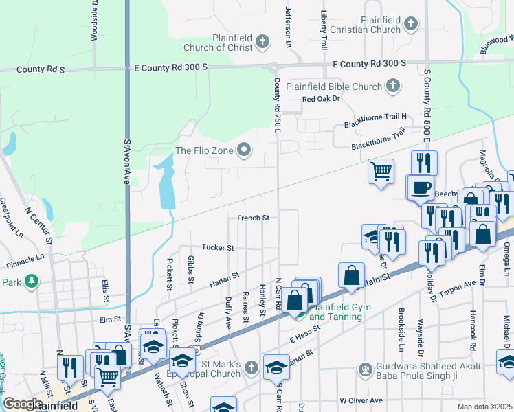 map of restaurants, bars, coffee shops, grocery stores, and more near 616 Hanley Street in Plainfield