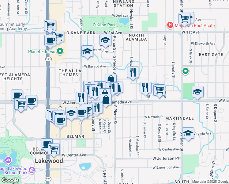 map of restaurants, bars, coffee shops, grocery stores, and more near 263 South Pierce Street in Lakewood