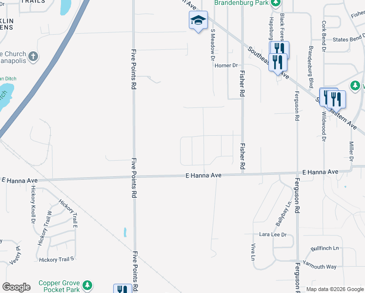 map of restaurants, bars, coffee shops, grocery stores, and more near 7320 East Hanna Avenue in Indianapolis