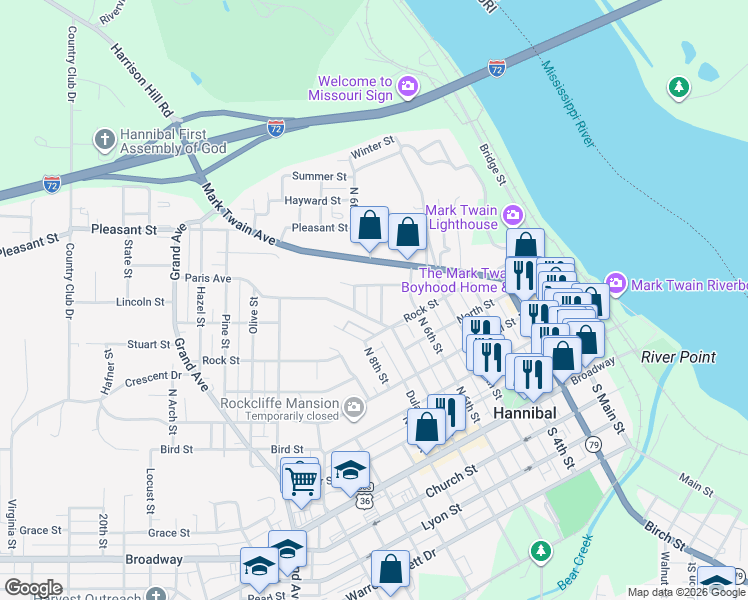map of restaurants, bars, coffee shops, grocery stores, and more near 704 Butler Street in Hannibal