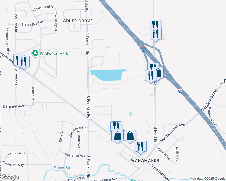 map of restaurants, bars, coffee shops, grocery stores, and more near 8635 Shadow Ridge Lane in Indianapolis