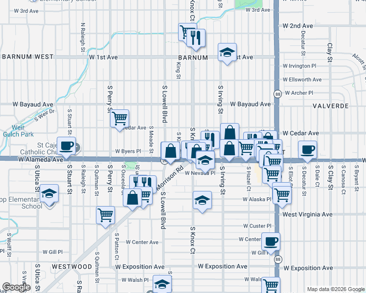 map of restaurants, bars, coffee shops, grocery stores, and more near 233 South Knox Court in Denver
