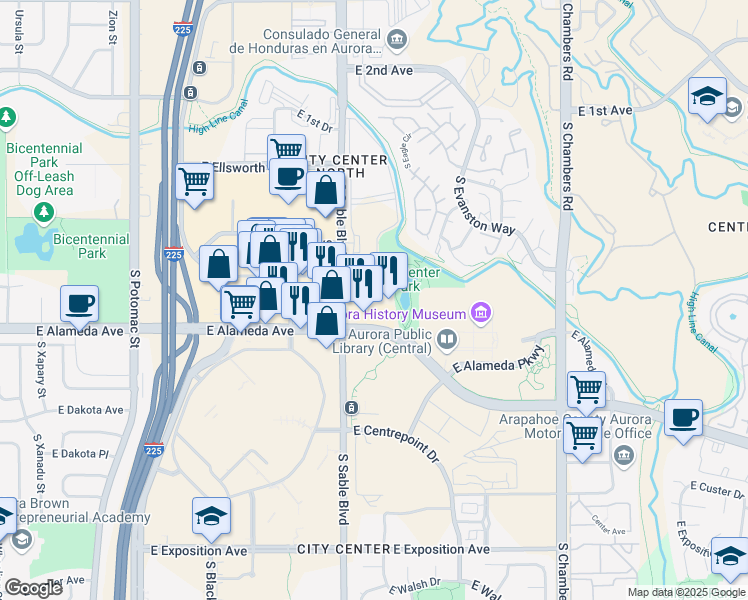 map of restaurants, bars, coffee shops, grocery stores, and more near 14565 East Alameda Avenue in Aurora