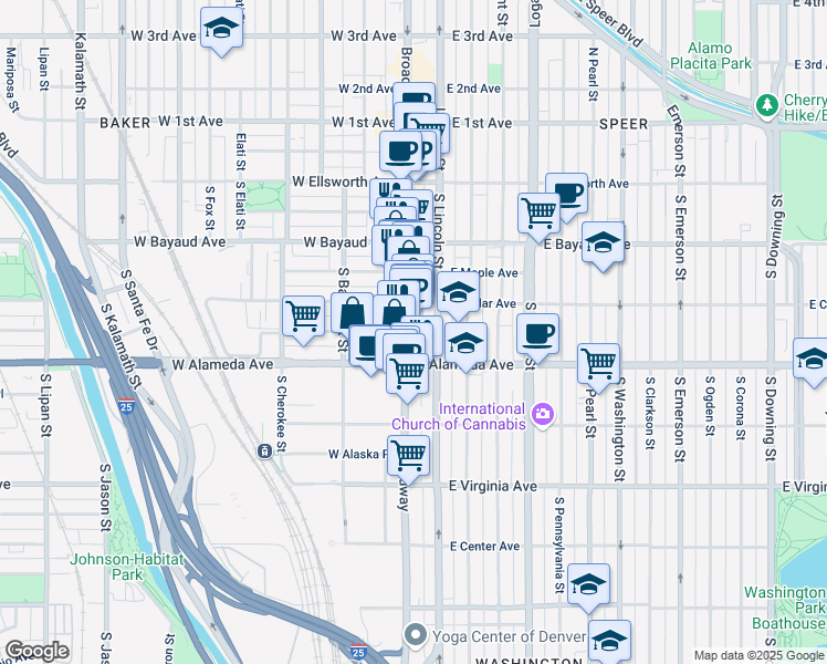 map of restaurants, bars, coffee shops, grocery stores, and more near 201 South Broadway in Denver