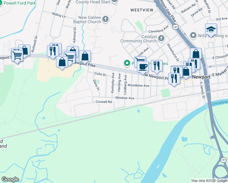 map of restaurants, bars, coffee shops, grocery stores, and more near 104 Harding Avenue in Wilmington