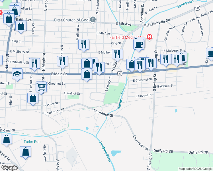 map of restaurants, bars, coffee shops, grocery stores, and more near 127 South Cherry Street in Lancaster