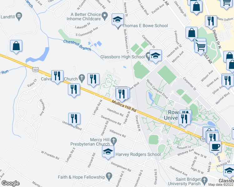 map of restaurants, bars, coffee shops, grocery stores, and more near 501 Mullica Hill Road in Glassboro