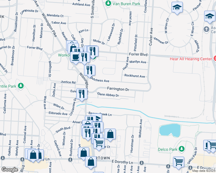 map of restaurants, bars, coffee shops, grocery stores, and more near 1499 Farrington Drive in Dayton