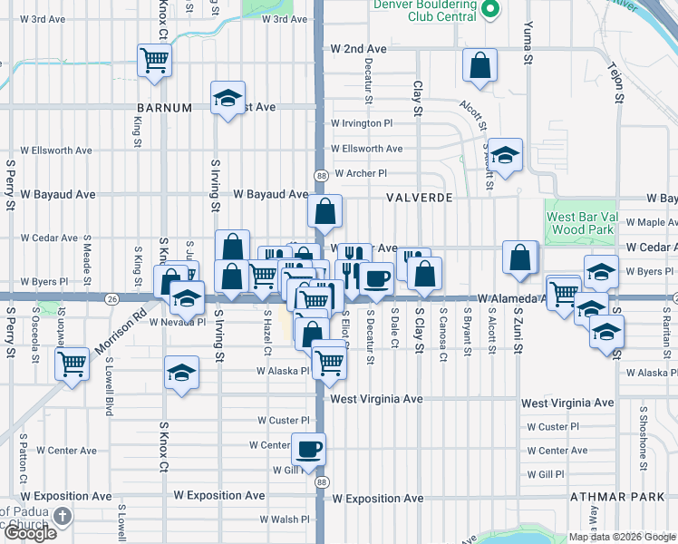 map of restaurants, bars, coffee shops, grocery stores, and more near 221 South Eliot Street in Denver