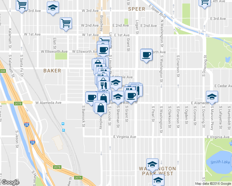map of restaurants, bars, coffee shops, grocery stores, and more near 212 South Sherman Street in Denver
